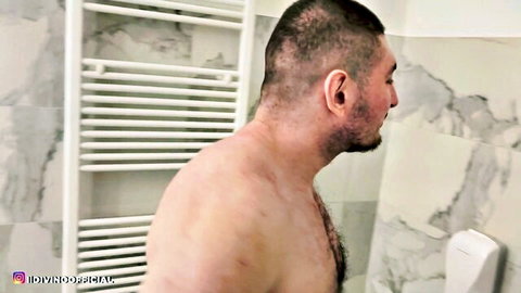 Shirtless hairy man in bathroom, perfect body for hot sex with fan Sabrina