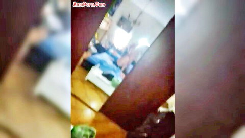 Blurry amateur babe deepthroating big cock on bed in mirror reflection