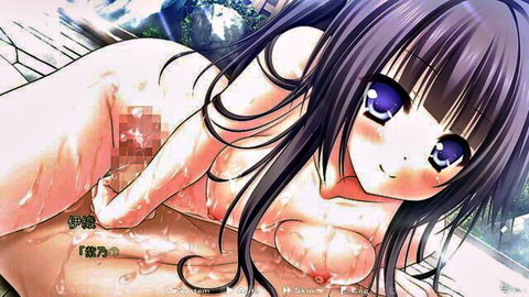 Purple-haired anime hentai girl with huge tits lying nude smiling, censored pussy dripping cum