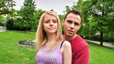 Innocent blonde Czech babe embraced by boyfriend in sunny park