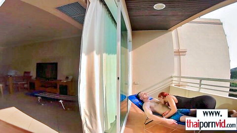 Petite Thai amateur teen in black dress seduces BF on balcony