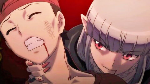 Tsugumomo anime: white-haired girl chokes bloody man in intense grip