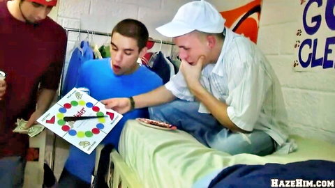 College gay bros in dorm hazing game with Twister mat and cash bets