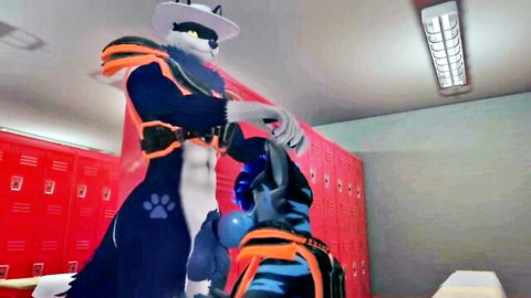 Furry wolf Chase kneeling to suck off muscular team captain in uniform