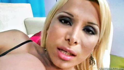 Beautiful blonde tranny Sheyna teasing in transsexual roadtrip scene