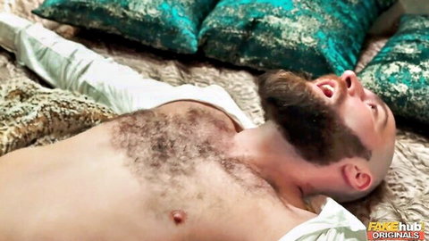 Bearded hairy man in ecstasy from cougar's alluring oral sex scene