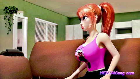 Busty 3D hentai redhead with massive tits in tight pink tank top posing seductively on couch