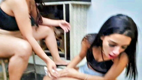 Ebony femdom mistress has lesbian sub sucking her bare toes in foot worship
