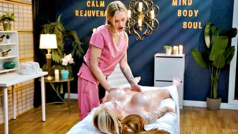 Blonde Dylan Moore gets sensual nude massage from tattooed masseuse
