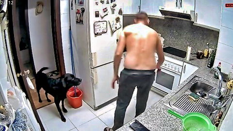 Shirtless man with bare back standing in kitchen near stove with black Labrador dog by red bucket