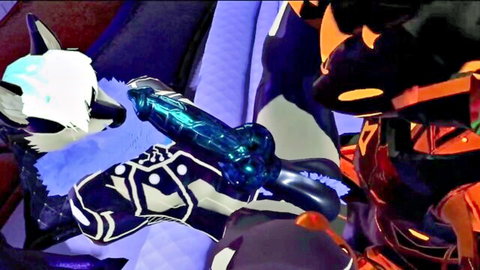 White furry fox grips massive blue dildo teasing black fox partner's crotch in kinky furry hentai scene