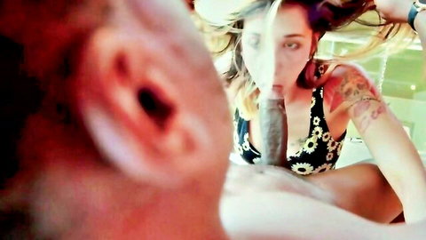 Tattooed blonde babe deepthroats thick black cock in intense POV blowjob