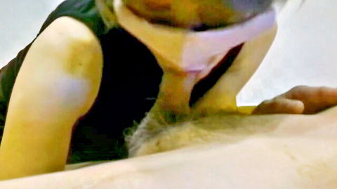 Mature blonde woman deepthroating uncensored oral sex with mature man
