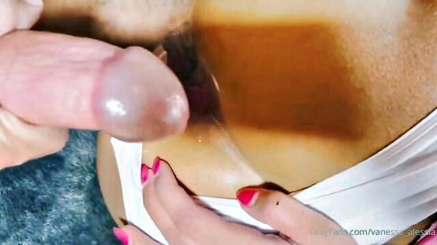 Vanessa Alessia close-up oral sex with penis in mouth, white lingerie