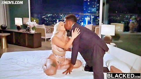 Indica Monroe in lingerie kissing black manager on bed