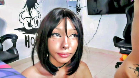 Mec Sayuri goth cam girl with tattoos, braces, and perky tits topless