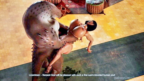 Lizardman monster gropes huge tits of nude busty human woman while his massive scaly cock presses her exposed pussy