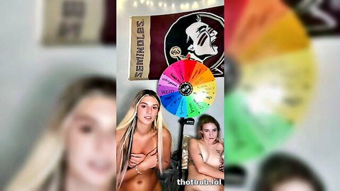 Ambie Bambii topless with blonde braids and friend in sexy GG live spin wheel fun