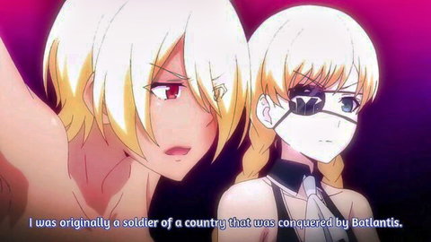 Hentai anime girls with white hair, eyepatch and mask, busty cleavage tease