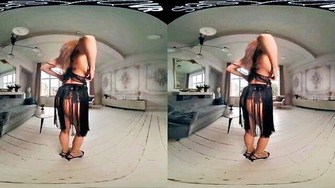 Hot fitness girl in sexy black lingerie arching back in VR erotic video