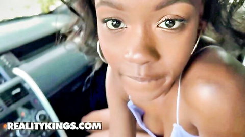 Mila Mars ebony babe in car teasing for stranded fun with JMac