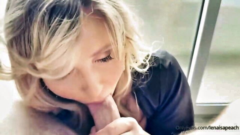 Blonde babe with long hair sucking thick cock in closeup blowjob