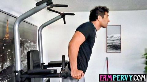 Muscular stepbro flexing on pull-up bar in teaser for ebony stepsis handjob