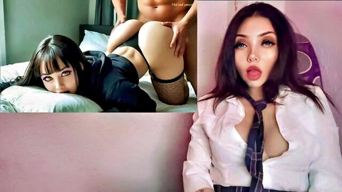 Asian babe in stockings and schoolgirl outfit exposing ass and cleavage