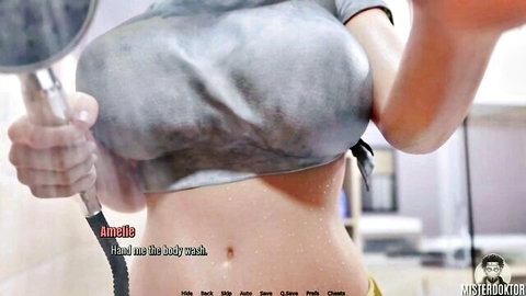 Busty blonde Annette in soapy shower, body wash tease visual novel scene
