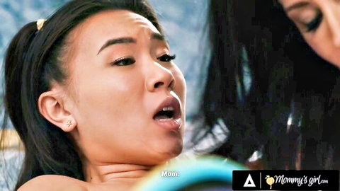 Young Asian teen's ecstatic O-face with wide open mouth in mommy-daughter lesbian taboo