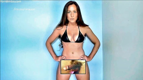Brunette femdom princess in black string bikini poses dominantly with hard cock handjob closeup inset