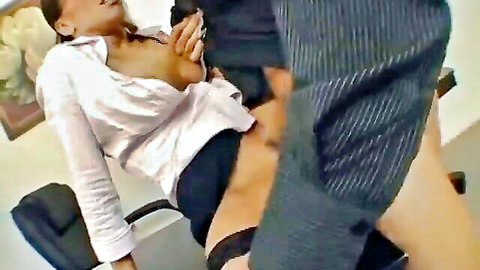 Lustful Asian businesswoman in white blouse ready for office sex