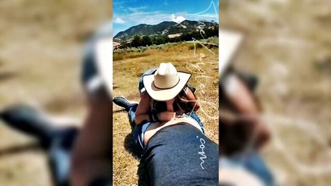 Blonde cowgirl in hat rides cock outdoors, ends with cum on tits