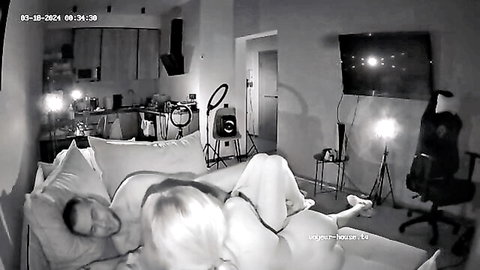 Homemade amateur teen blonde in threesome blowjob with sleeping guy