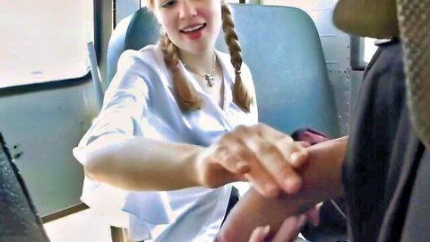 Blonde Madison A in pigtails touches soldier intimately on bus