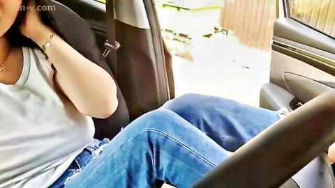 2whitediamonds in car, sexy neck touch in white tank top and jeans