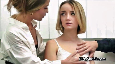 Blonde doctor gropes surprised patient's breast in steamy clinic threesome