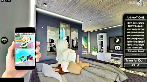 VR animated white furry fox girl in towel on bed, erotic solo pose with Peter Griffin phone