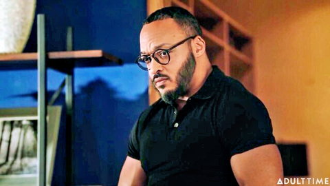 Muscular ebony man with glasses in intense Adult Time scene featuring Ana Foxxx