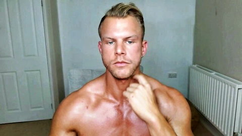 Alexander Steel Muscle: Shirtless blond muscular hunk teasing neck