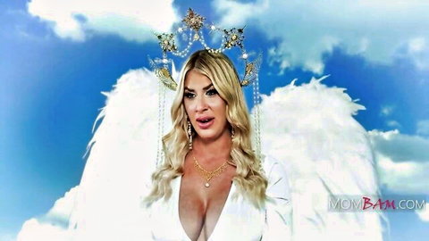 Busty blonde MILF angel with huge tits bursting from low-cut white dress