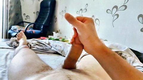 Amateur homemade gay morning masturbation with hand gripping erect penis