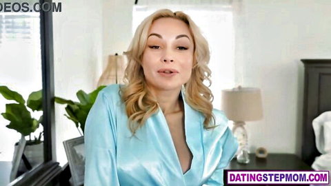 Crystal Rush in open blue satin robe teasing massive tits