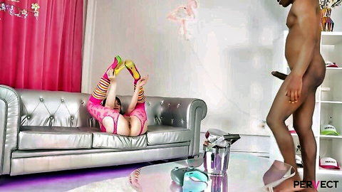 Flexible babe legs up exposes shaved pussy ass to muscular black stud huge erect BBC
