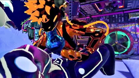 Protogen cyber character inhaling glowing cyberwolf lollipop in neon sci-fi pose