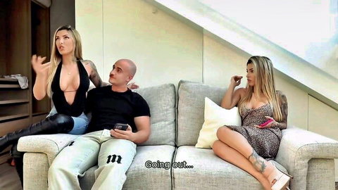 Italian MILF seduces brother-in-law on couch in front of blonde sister