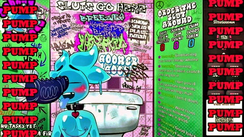Cartoon blue furry goober slurping cum on toilet with pump graffiti