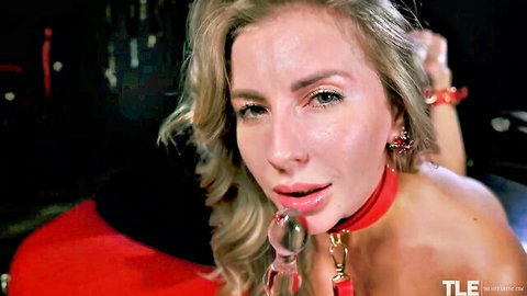 Blonde Scarlet in solo ecstasy with glass dildo and red collar
