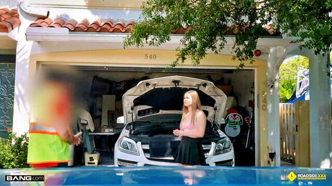 Harlow West in pink top and black skirt teasing by car hood