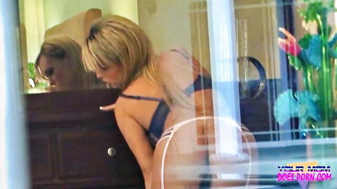 Jenna Presley in black lingerie, blonde MILF bending over seductively